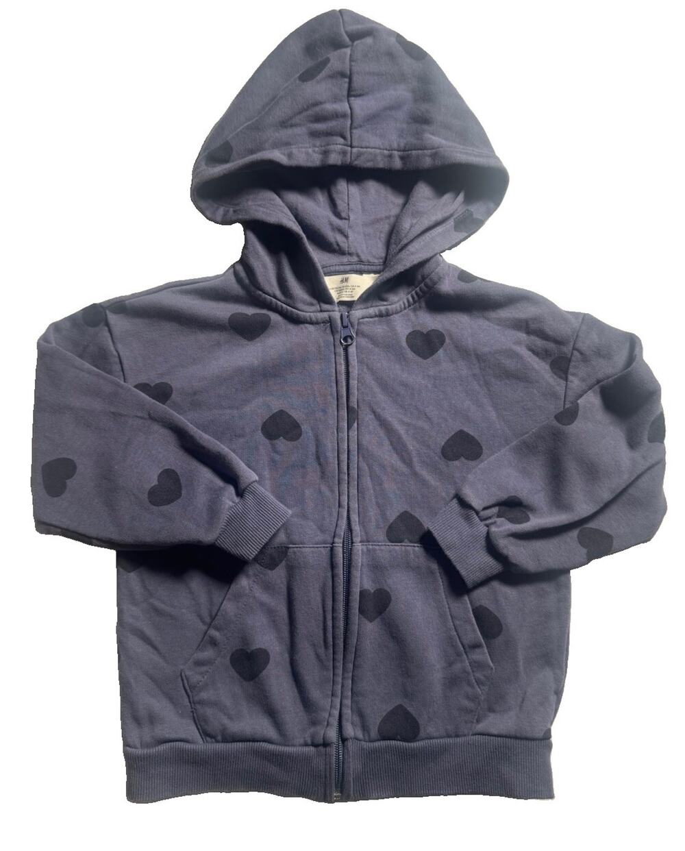 H&M Girls 6-8Y Purple Black Heart Print Full Zip Hoodie Sweatshirt Jacket